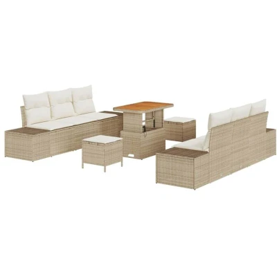 Image of vidaXL 9 Piece Garden Sofa Set with Cushions Beige Poly Rattan Acacia