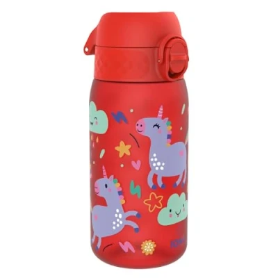 Image of Ion8 Kids Water Bottles, BPA Free, Leakproof, Dishwasher Safe, Easy Open, Secure Lock, Small Boys &amp; Girls Bottle,Kids Drinks Bottle for Spill free Drinking, Red, Unicorns, 350ml/12oz