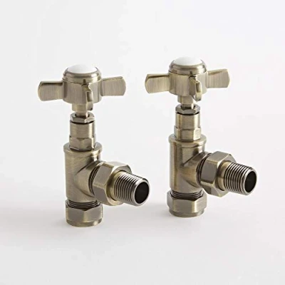 Image of Milano Modern Pair of Brushed Brass Angled Heated Towel Rail Radiator Valves