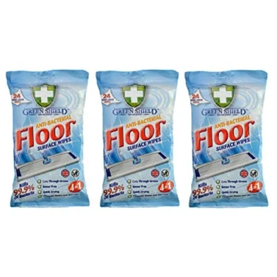 Image of 3 x GREENSHIELD ANTIBAC Floor Surface Wipes Packs of 24 Extra Large (72 Wipes)