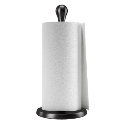 Image of Umbra Tug Modern Stand Up Paper Towel Holder Easy One Handed Tear Kitchen Dispenser with Weighted Base for Standard Rolls, Metallic Black