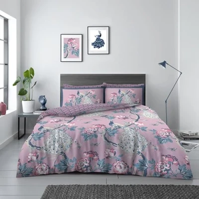 Image of GC GAVENO CAVAILIA Birds Peacock Bedding Set (200x200 cm), Reversible Floral Duvet Cover Double, Botanical Comforter Bed Set, Washable Linen