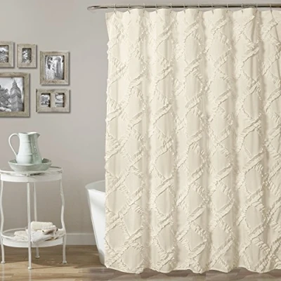 Image of Lush Decor, Ivory/Pale Yellow Ruffle Diamond Shower Curtain Textured Shabby Chic Farmhouse Style Design, x 72, 72&quot;