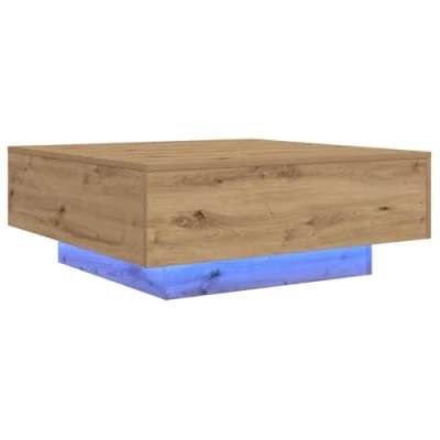 Image of vidaXL coffee table square minimalist living room centerpiece artisan oak finish, engineered wood matte brown 80x31cm indoor decor with built in blue LED lights