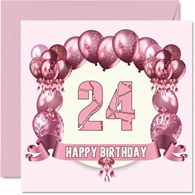 Image of Fun 24th Birthday Cards for Woman Balloons Happy Card Son Daughter Brother Sister Uncle Auntie Niece Nephew Cousin, 145mm x Greeting Cards,