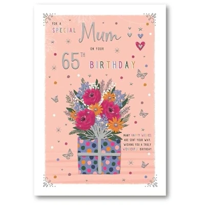 Image of ICG Special Mum 65th Milestone Birthday Card Age 65 Floral Bouquet and Gift Box Embossed with Foil Details