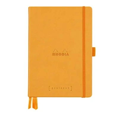 Image of RHODIA 118584C Bullet Journal Goalbook Orange Rigid Notebook A5 Dotted Dot 240 Pages White Clairefontaine Paper 90g 3 Ribbons, Elastic Closure Faux Leather Cover