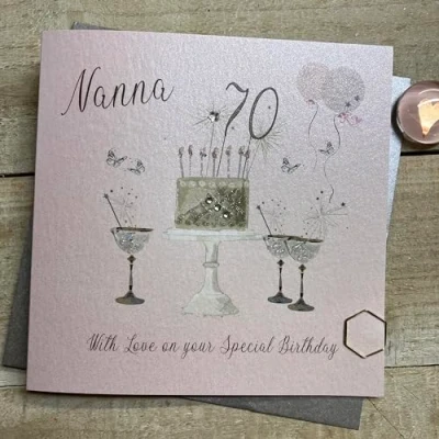 Image of WHITE COTTON CARDS Happy 70th Birthday Card Nanna Champagne Glasses Pink &amp; Gold Sparkly Cake SS42 NNA70