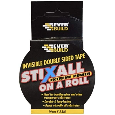 Image of Everbuild Stixall on a Roll Invisible Double Sided Tape 19mm x 2.5mtr