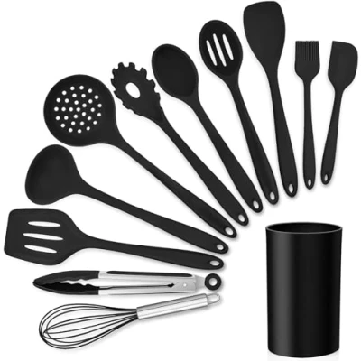 Image of AMD Nexus Kitchen Utensil Set, 12 Piece Cooking Utensils, Silicone Utensils Set with Holder, Heat Resistant Tools Include Spoons Turner Spatula Ladle Tong for Non Stick Cookware, Black