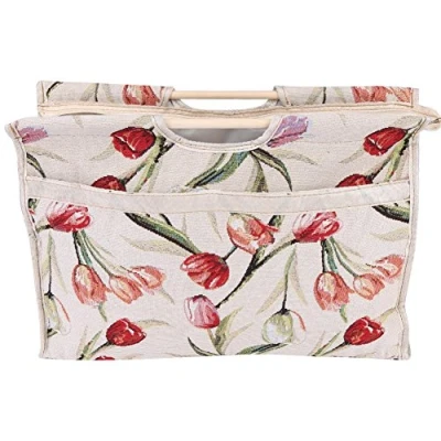 Image of Knitting Tote Bag, Travel Yarn Storage Organizer for Yarn, Practical Wood Handle Woven Fabric Bag Needles Sewing Tools(Red Flower)