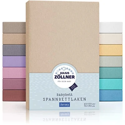 Image of Julius Zöllner Jersey Fitted Sheet for Baby and Cot Bed, 100% Cotton, Oeko Tex Standard 100 Certified, Size: 60 x 120 cm / 70 140 cm, Pack of 2, Sand