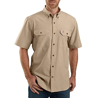 Image of Carhartt Men&#039;s Loose Fit Midweight Chambray Short sleeve Shirt, Dark Tan Chambray, XL