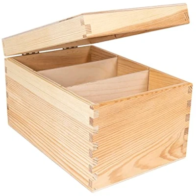 Image of Creative Deco Wooden Storage Box for CD &amp; DVD 16 x 24 14 cm 3 Compartments Plain Unfinished Unpainted with Lid Office Keepsake Trinket Chest Treasure