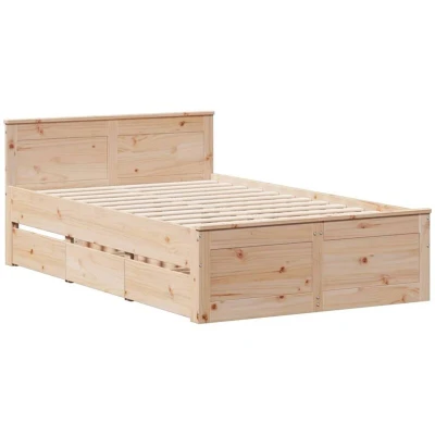 Image of vidaXL Bed Frame without Mattress Solid Pine Wood 120x200 cm, Modern Brown Double with Headboard and Storage Drawers