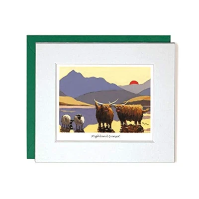 Image of &quot;Highland Sunset&quot; Mounted Greeting Card by Thomas Joseph Whimsical Sheep Range