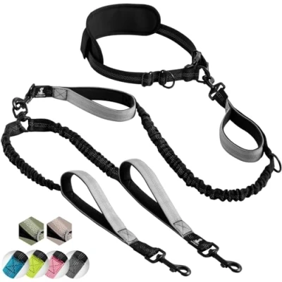 Image of SparklyPets Hands Free Double Dog Lead Splitter Dual For Medium and Large Dogs 2 with Padded Handles, Reflective Stitches, No Pull, Tangle (Gray, Dogs)