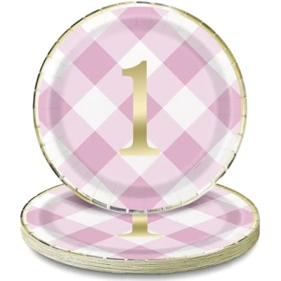 Image of Pink Gingham 1st Birthday Round Dinner Plates (22cm) Foil Boardorable Design for Baby&#039;s First Celebration 8ct