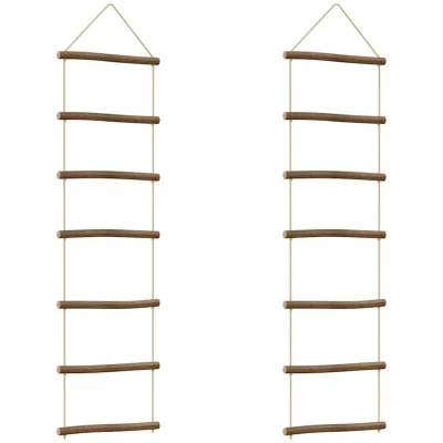 Image of vidaXL Ladder Shaped Wooden Wall Decorations 30x100 cm Rustic Natural Branch Indoor Hangings with Hemp Ropes