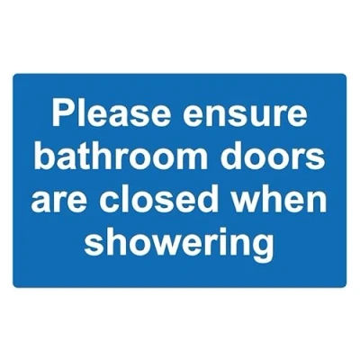 Image of Please ensure bathroom doors are closed when showering safety sign Self adhesive sticker (200mm x 150mm)