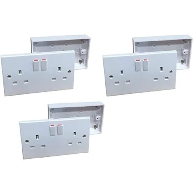 Image of Double Wall Socket &amp; Back Box Pattress/Twin 2 Gang Switched Plug Electrical Pack of 3