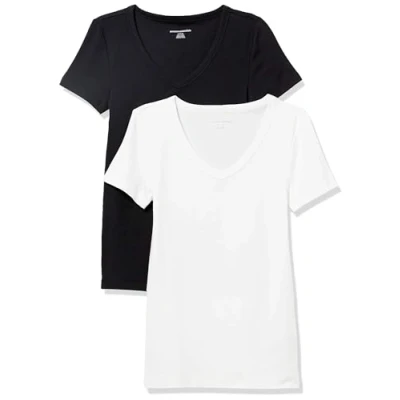Image of Amazon Essentials Women&#039;s Slim Fit Short Sleeve V Neck T Shirt, Pack of 2, Black/White, L