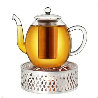 Image of Creano Glass Teapot 1000ml with Warmer Stovetop Safe Tea Kettle Stainless Steel Infuser and Lid, Ideal for Preparing Loose Teas Drip Free