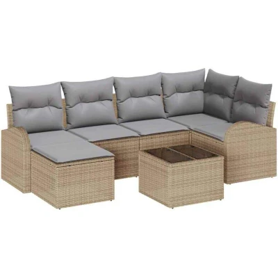 Image of vidaXL 7 Piece Garden Sofa Set with Cushions Black Poly Rattan