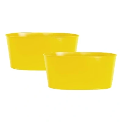 Image of Fyne Finds Set of 2 Yellow Oval Metal Herb Trough 23cm, 9inch Galvanised Planter Outdoor Garden Flower Pot
