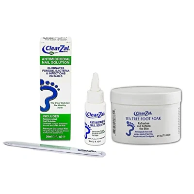 Image of Combo Pack ClearZal Fungal Nail Treatment Antimicrobial Solution 30ml Silk Tea Tree Foot Soak 215g Care Kills Fungus, Bacteria and Viruses
