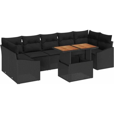 Image of vidaXL 8 Piece Garden Dining Set with Cushions Black Poly Rattan Acacia