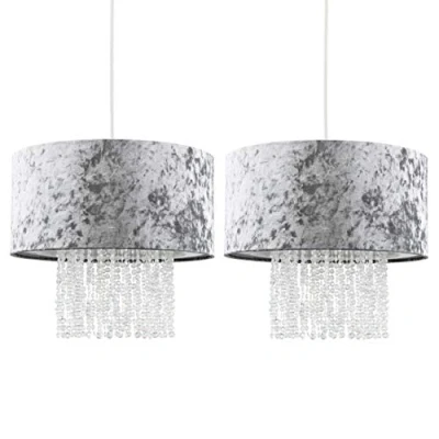 Image of Pair of Modern Silver Grey Velvet Cylinder Ceiling Pendant Light Shades with Clear Acrylic Droplets
