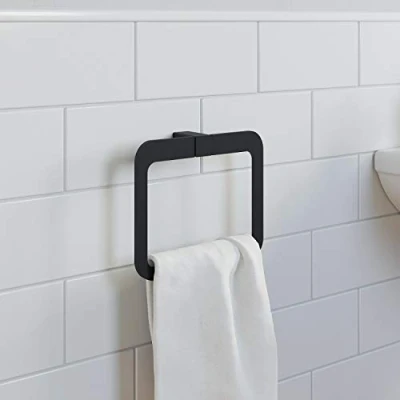 Image of Bathroom WC Towel Ring Black Square Wall Mounted Stylish Modern