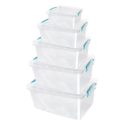 Image of JVL Plastic Clip Lidded Food Storage Box, Stackable &amp; Nestable, Set of 5, 1.6L, 3L, 5L, 8.5L, 13.5L