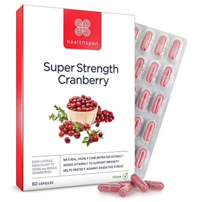 Image of Healthspan Super Strength Cranberry (60 Capsules) for Immune Health and Wellbeing Equivalent to 25000 mg Whole Fresh Cranberries Highly Concentrated Formulation Added Vitamin C Vegan