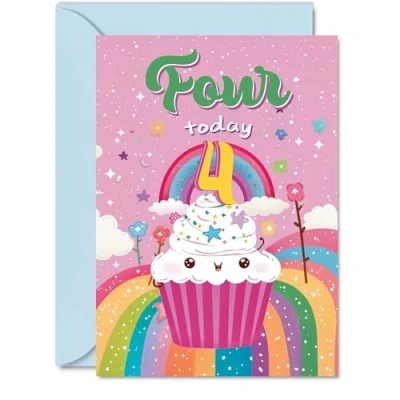 Image of 4th Birthday Card Girl Cupcake Rainbow Happy for 4 Year Old Girl, Age Girls Cards, A5 Bday Greeting