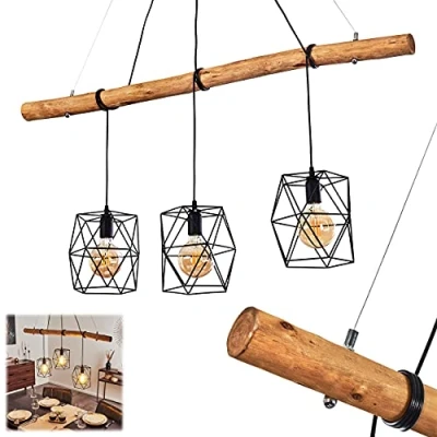 Image of Pendant Light Seegaard, Hanging Made of Metal/Wood in Black/Brown, 3 Flame, x E27, Modern Light, Without Bulbs