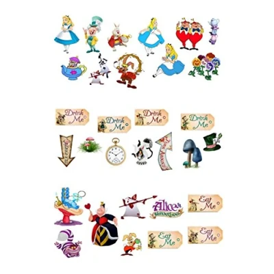 Image of 31 x Alice in Wonderland STAND UP Edible Paper Cupcake Toppers Cake Decorations
