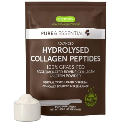 Image of 100% Grass Fed Bovine Collagen, Advanced Hydrolyzed Collagen Peptides, 400g, Easy Mix, Super Premium Protein Powder, 40 Servings, by Igennus