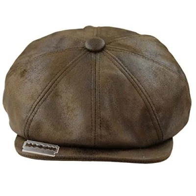 Image of TruClothing Mens 8 Panel Razor Baker Boy Hat PU Leather Blinders Newsboy Flat Cap Black Brown S/M
