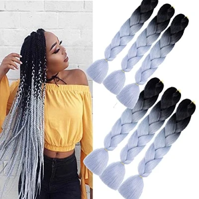 Image of Ombre Braiding Hair Gray Jumbo Extensions 6pcs Synthetic Braids 24 Inch 2 Tones for Box Crochet 100g (Black to Grey)
