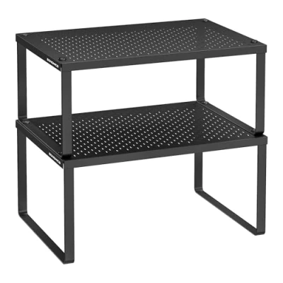 Image of SONGMICS Spice Racks, Set of 2 Cupboard Organisers, Kitchen Storage, Stackable, Expandable, Metal Counter Shelves, Ink Black KCS001B01