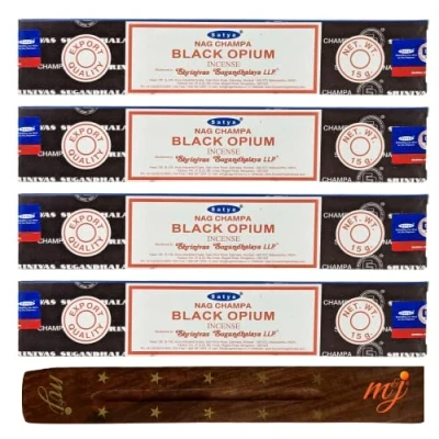 Image of Original Satya Nag Champa Black Opium incense sticks with M&amp;J holder x4 pack for Aromatherapy, Spa, Yoga, Weddings, Meditation, Healing, Positivity and Relaxation