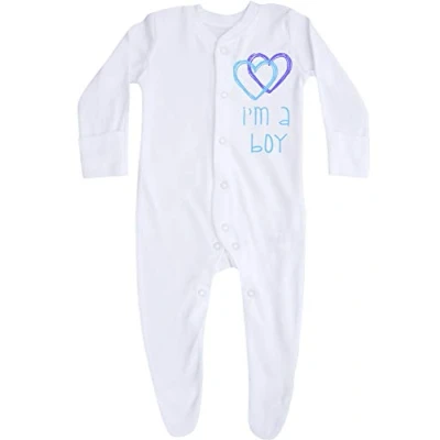 Image of Gender Reveal Hearts White Newborn Baby Sleepsuit (0 3 Months) (Blue Text)