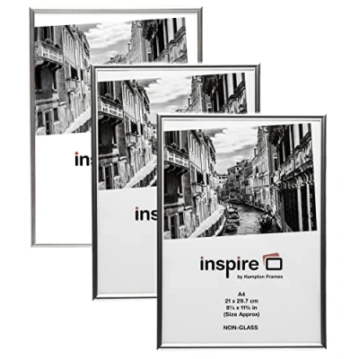 Image of Hampton Frames BACKLOADER A4 (21x29.7cm) Silver Picture Poster Photo Certificate Display Frame 3 PACK Acrylic (Non Glass) Front A4MARSIL 3PK