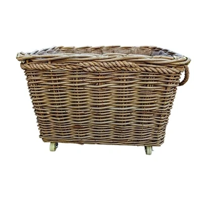 Image of Red Hamper Extra Large Rope Handle Wicker Log Basket on Wheels, Brown, 44 x 72 57 cm