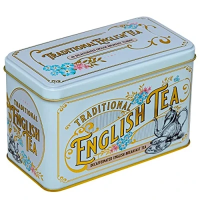 Image of New English Teas Vintage Victorian Power Blue Tea Caddy with 40 Decaffeinated Breakfast Teabags