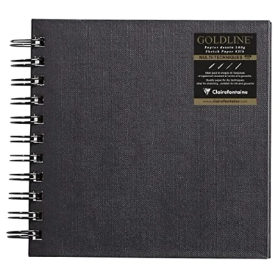 Image of Clairefontaine Ref 34260C Goldline Wirebound Pad (64 White Sheets) 15 x 15cm Size, 140gsm Paper, Square Layout Black Cover Suitable for Dry Techniques