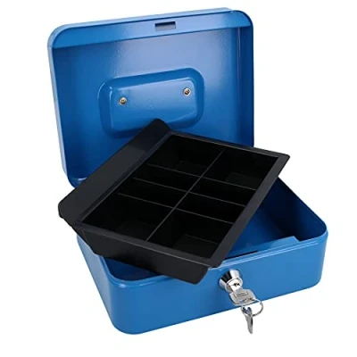 Image of 8 Petty Cash Box Money Coin Tin Deposit Security Safe Organiser 2 Keys Blue