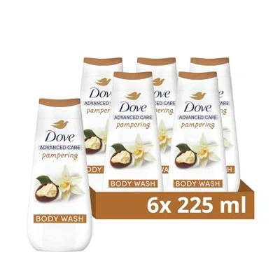 Image of Dove Advanced Care Pampering Body Wash Cleanser shower gel with a shea butter &amp; vanilla scent for instantly lotion soft skin 6x 225 ml